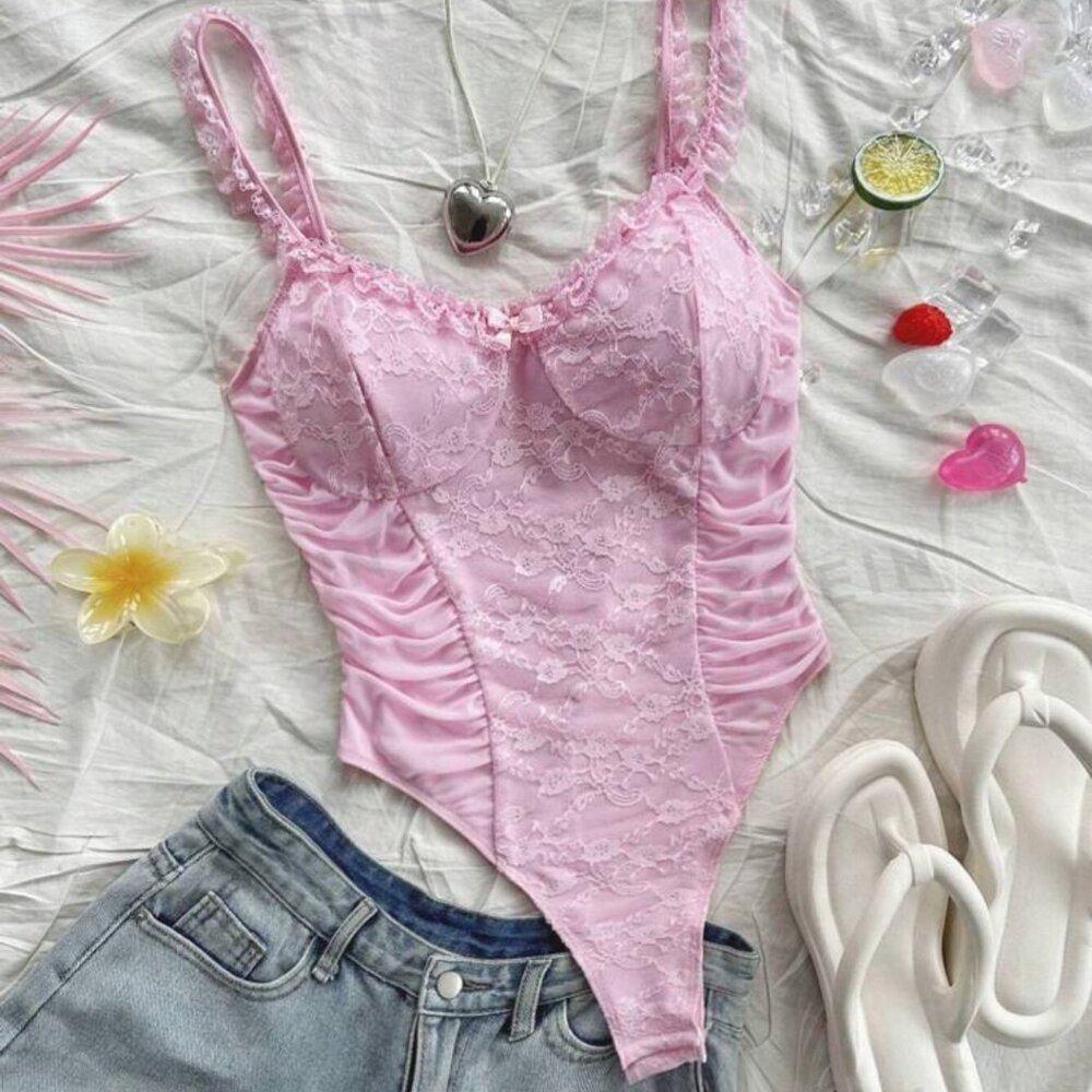 Vintage Knit Textured Romantic Lace Trim Bodysuit, Pink